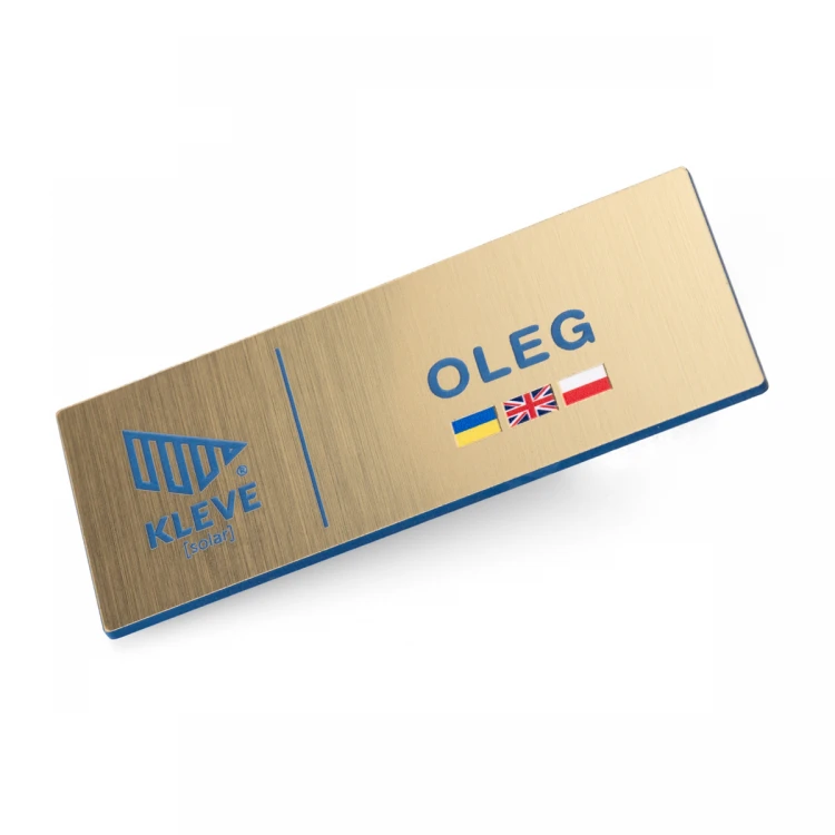Multilingual Employee ID Badge - Gold with Blue Engraving and UV Print - ID138