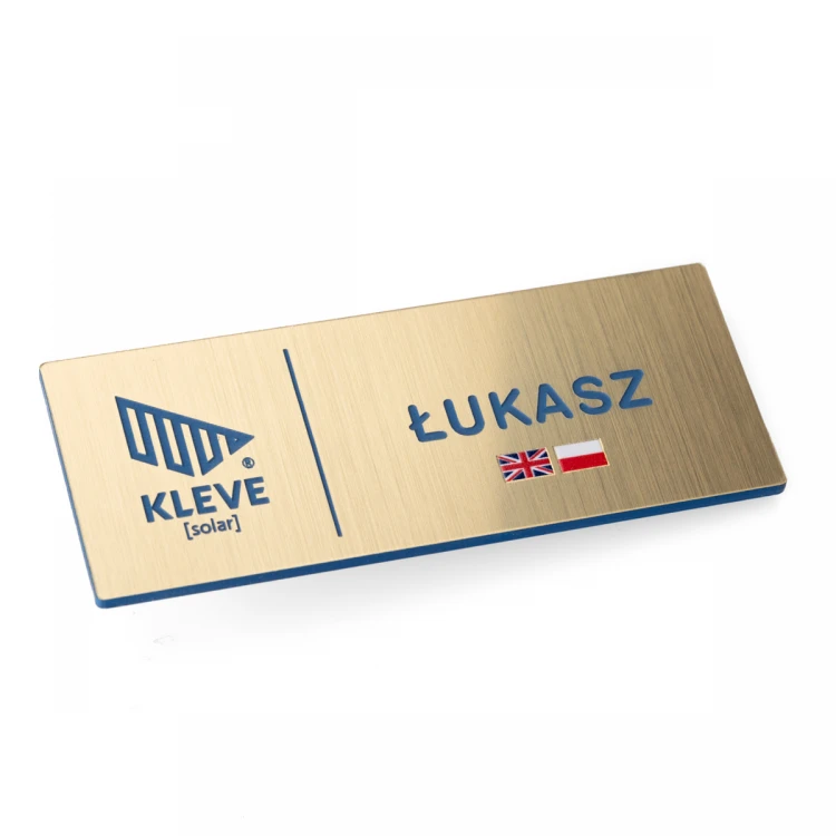 Multilingual Employee ID Badge - Gold with Blue Engraving and UV Print - ID138