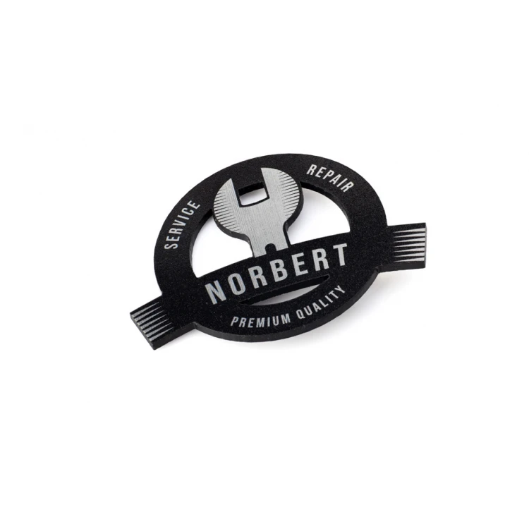 Logo-shaped ID badge - silver engraving laminate with UV print - ID106