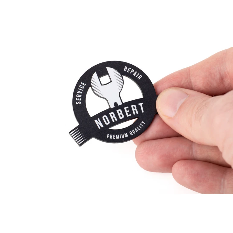Logo-shaped ID badge - silver engraving laminate with UV print - ID106