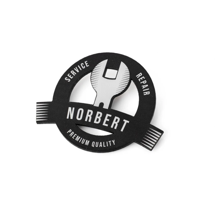 Logo-shaped ID badge - silver engraving laminate with UV print - ID106
