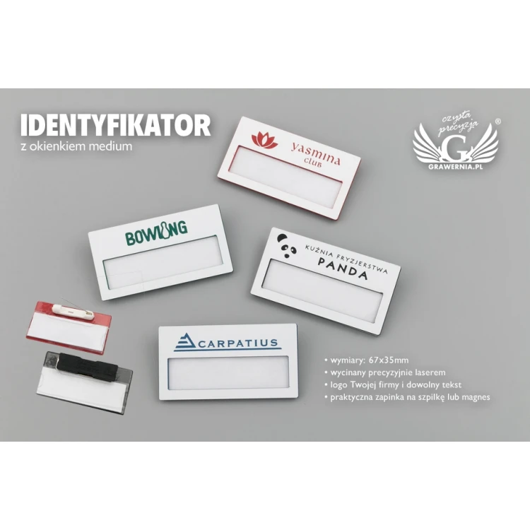 ID Badge with Window - White with Colorful Engraving - M - Size 67x35mm - ID070