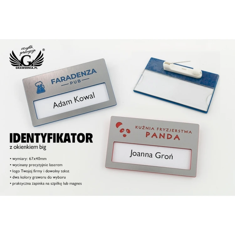 ID Badge with Window - Silver with Engraving - B - Size 67x40mm - ID079