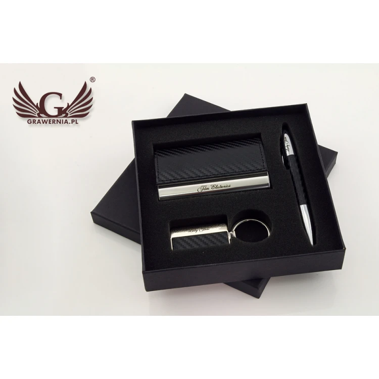 Gift Set with Engraving: Business Card Holder + Pen + Keyring - BRAVO WZ017