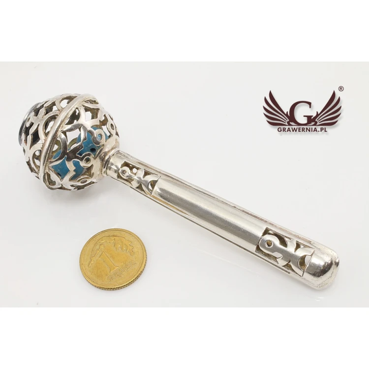 RATTLE with blue beads - SILVER - Holy Baptism Souvenir - pattern SRB008