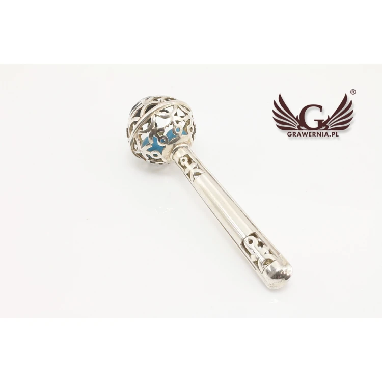 RATTLE with blue beads - SILVER - Holy Baptism Souvenir - pattern SRB008