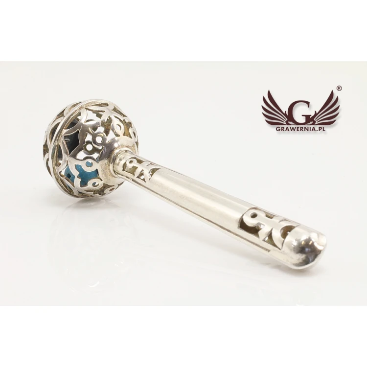 RATTLE with blue beads - SILVER - Holy Baptism Souvenir - pattern SRB008