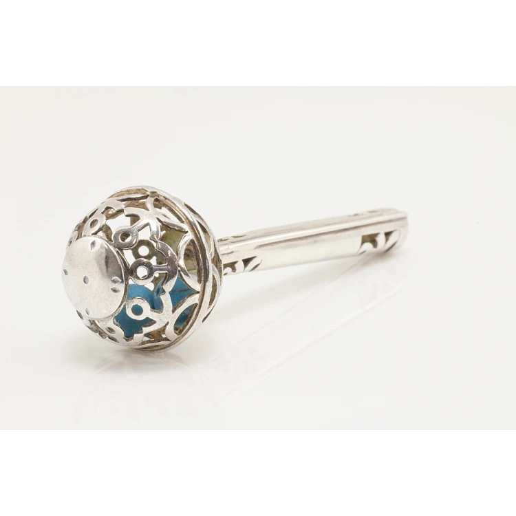 RATTLE with blue beads - SILVER - Holy Baptism Souvenir - pattern SRB008