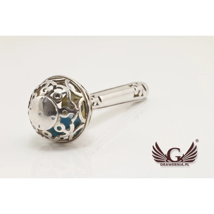 RATTLE with blue beads - SILVER - Holy Baptism Souvenir - pattern SRB008