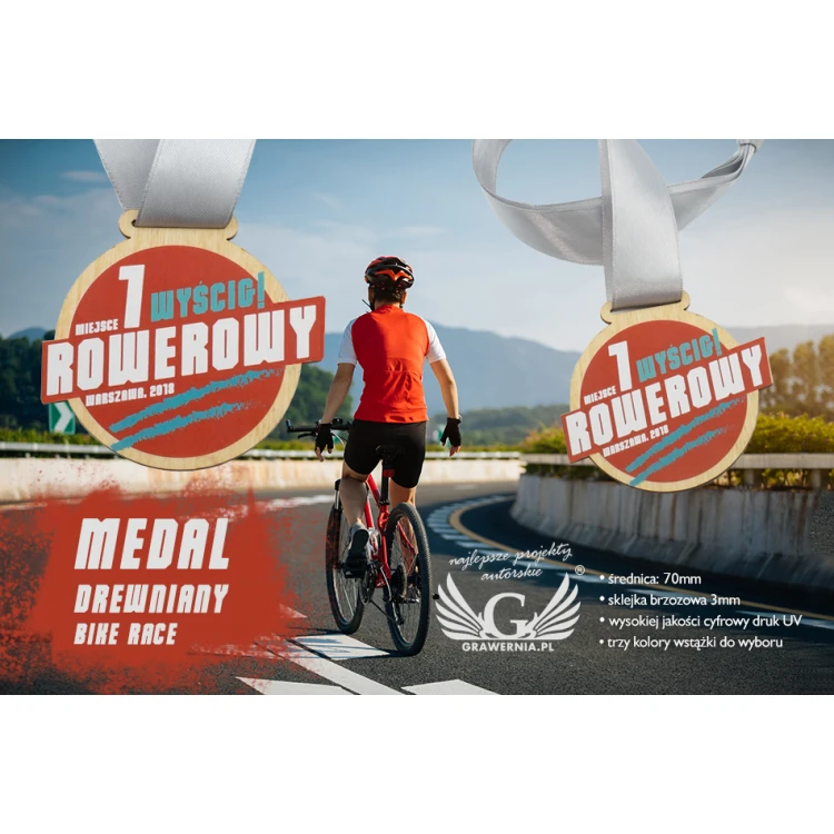 Wooden Medal UV Print - Bike Race - Diameter: 70mm - MGR055