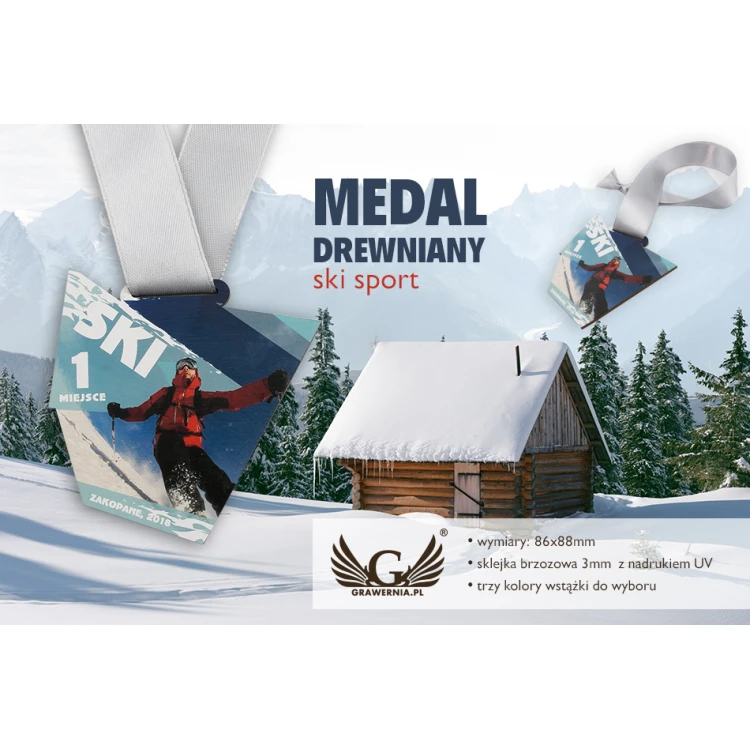 UV Print Wooden Medal - Ski Sport - dimensions: 86x88mm - MGR052