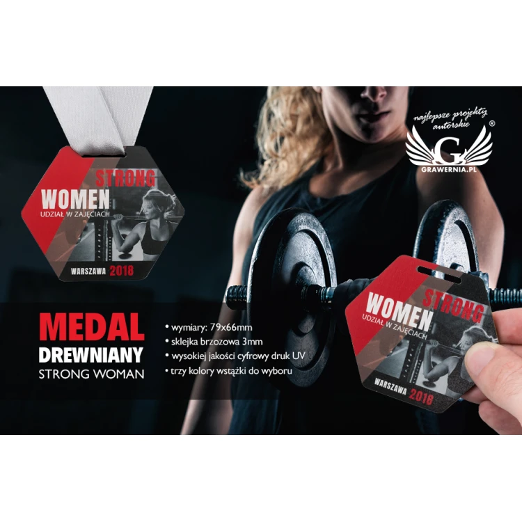 UV Print Wooden Medal - Strong Woman - dimensions: 79x66mm - MGR062