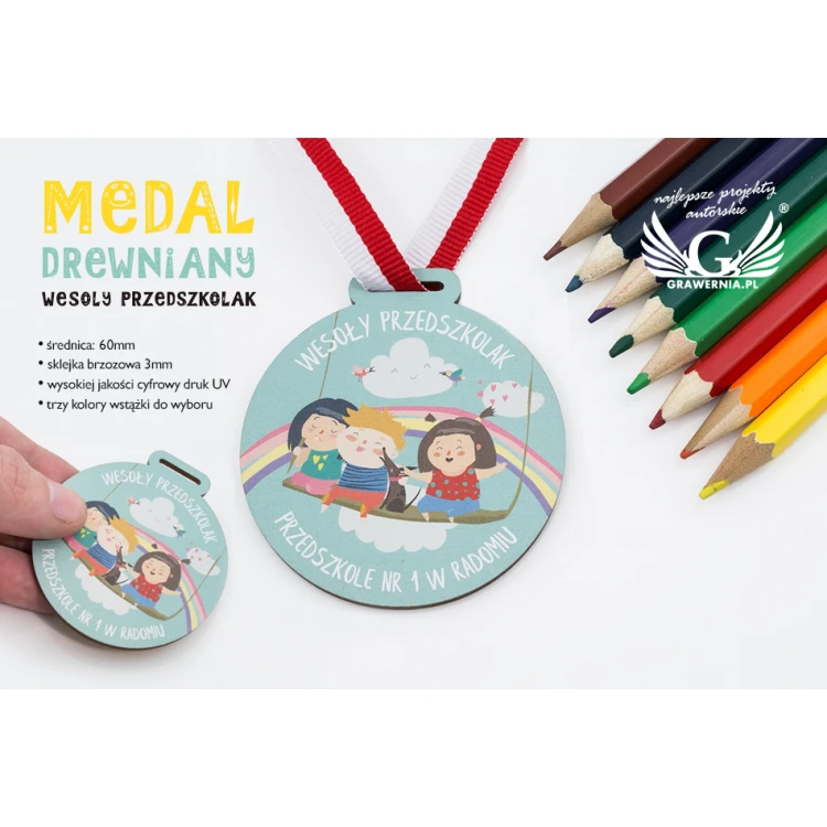 UV Print Wooden Medal - Happy Preschooler - diameter: 60mm - MGR058