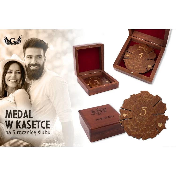 Wooden 5th Wedding Anniversary Medal (wooden) in a Wooden Case - Warm Brown Color - MGR009