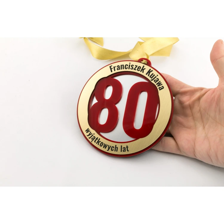 80th Birthday Jubilee Medal - 12 cm diameter - red acrylic