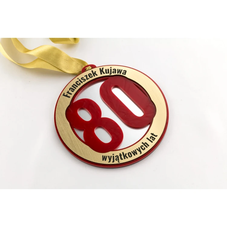 80th Birthday Jubilee Medal - 12 cm diameter - red acrylic