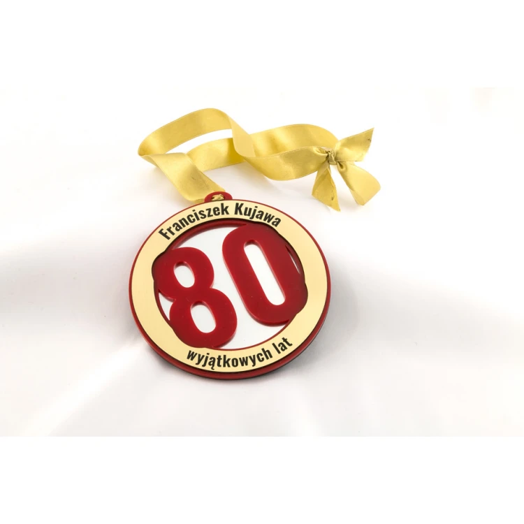 80th Birthday Jubilee Medal - 12 cm diameter - red acrylic