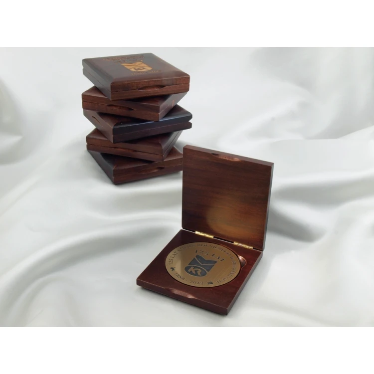 70mm diameter medal in a wooden case 10x9.5cm with two slots (set)