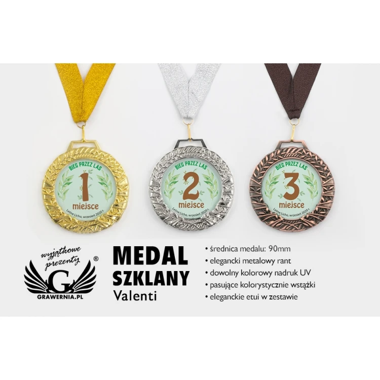 Valenti Glass Medal with any UV print in case - diameter 90mm - MGR084