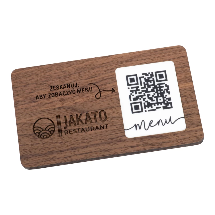 Menu with interchangeable QR code and company logo - engraved light walnut wood - dim. 120x70mm - MEN025