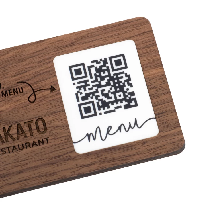 Menu with interchangeable QR code and company logo - engraved light walnut wood - dim. 120x70mm - MEN025
