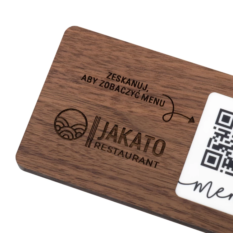 Menu with interchangeable QR code and company logo - engraved light walnut wood - dim. 120x70mm - MEN025