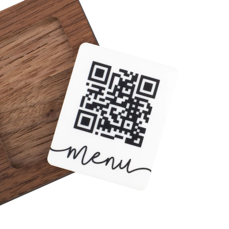 Menu with interchangeable QR code and company logo - engraved light walnut wood - dim. 120x70mm - MEN025