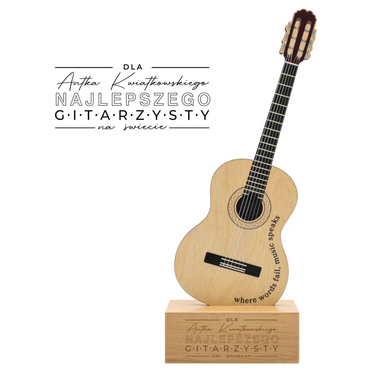Wooden statuette for a musician in the shape of a guitar - UV print - height 27.5 cm - DTA153