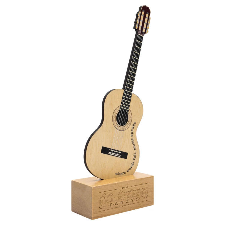 Wooden statuette for a musician in the shape of a guitar - UV print - height 27.5 cm - DTA153