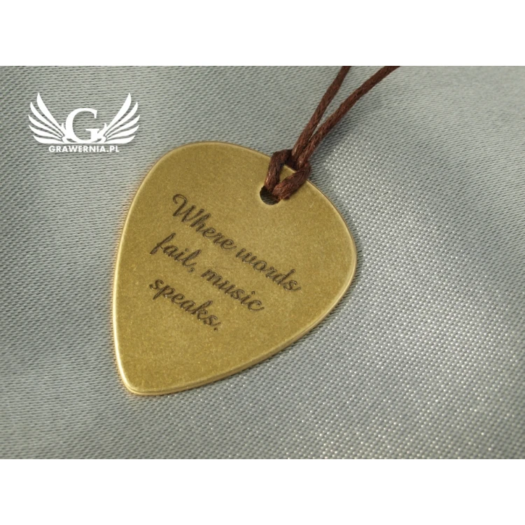 Guitar Pick Necklace with Custom Graphics and Text - Brass - KG03