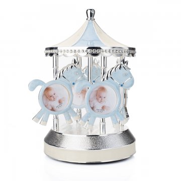 Blue Carousel Photo Holder with Music Box - Horses - Baptism Keepsake - POZ004
