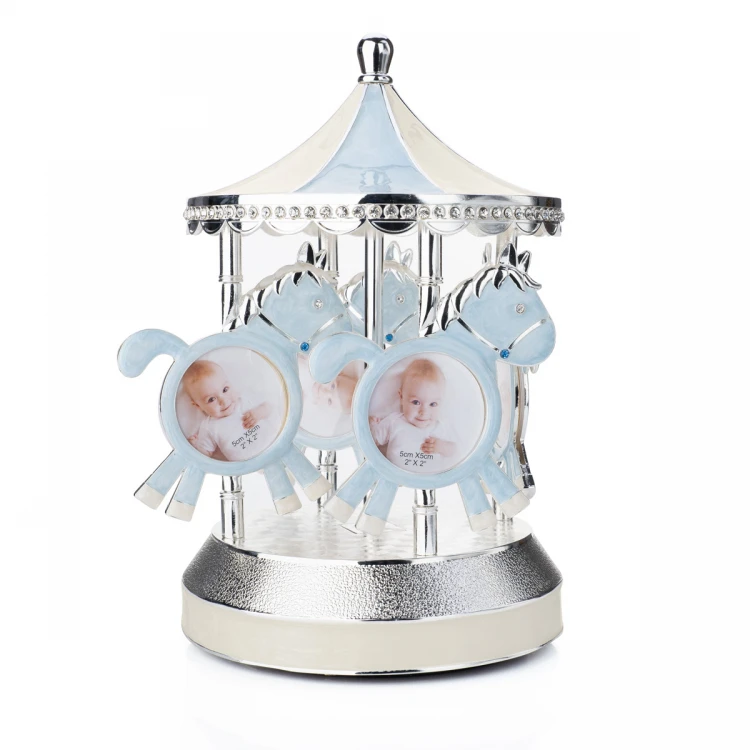 Blue Carousel Photo Holder with Music Box - Horses - Baptism Keepsake - POZ004