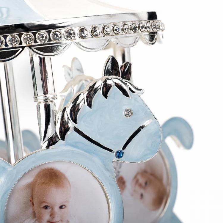 Blue Carousel Photo Holder with Music Box - Horses - Baptism Keepsake - POZ004
