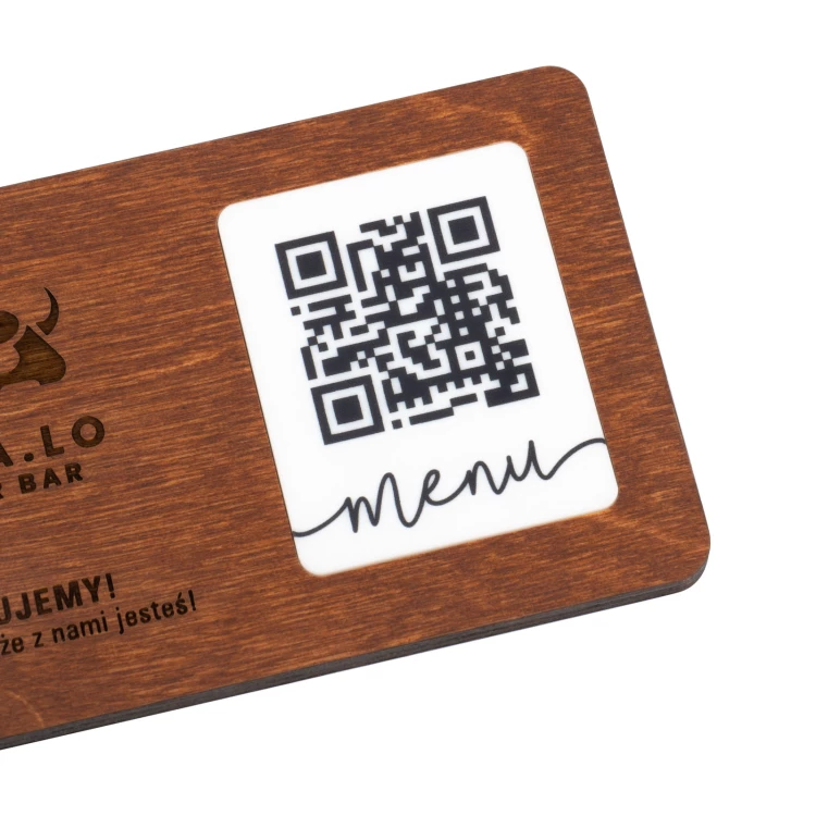 Menu with interchangeable QR code and company logo - engraved wood - dim. 120x70mm - MEN024