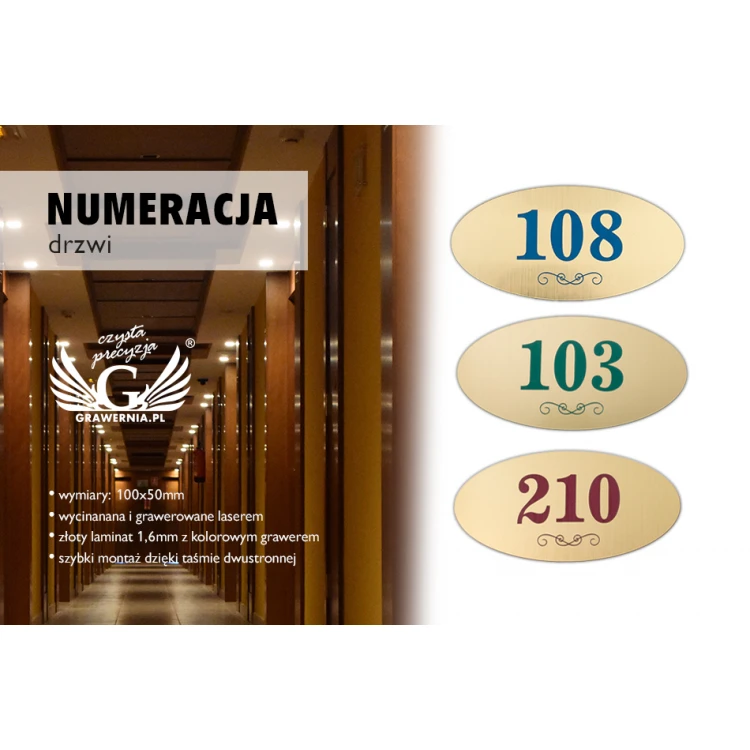 Door Numbering - ELIPSA - Gold with Colorful Engraving - ND020 - Size 100x50mm