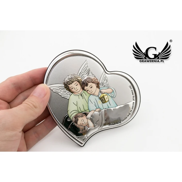 Silver Picture of Angels with Lantern over Child 11x11 cm - Heart - DS24/2C
