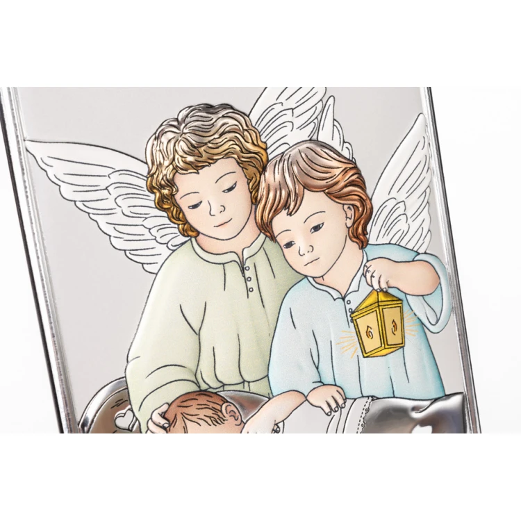 Silver Picture of Angels with Lantern over Child 10x14cm - DS09/2C