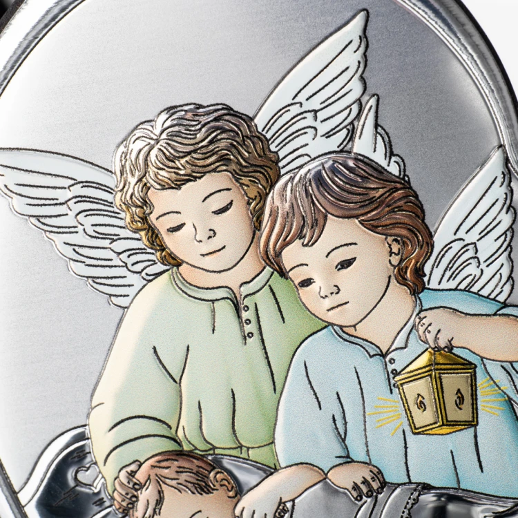 Silver Picture of Angels with Lantern over Child 11x11 cm - Heart - DS24/2C