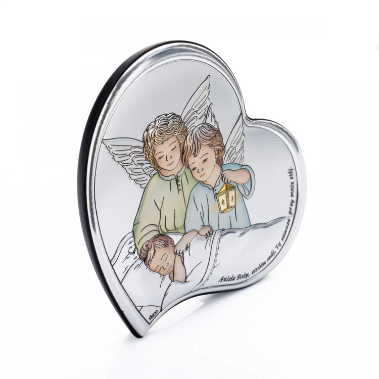 Silver Picture of Angels with Lantern over Child 11x11 cm - Heart - DS24/2C