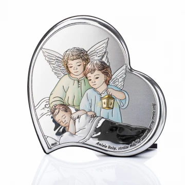 Silver Picture of Angels with Lantern over Child 11x11 cm - Heart - DS24/2C