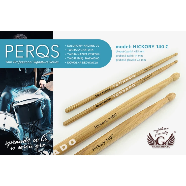 PERQS HICKORY 140C Drumsticks with Custom Print - Gift for a Drummer