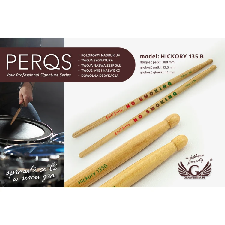 PERQS HICKORY 135B Drumsticks with Custom Print - Gift for a Drummer