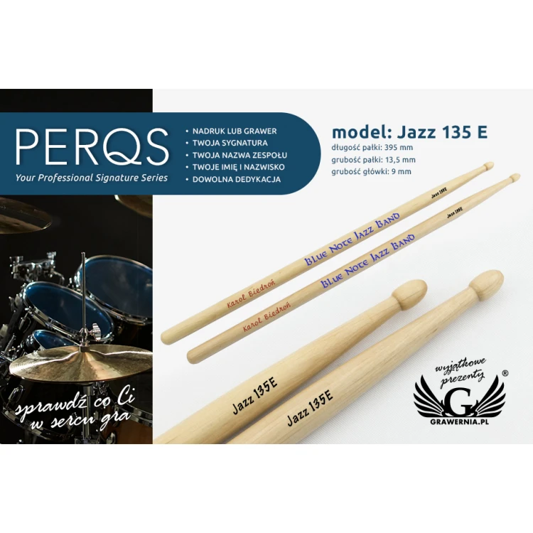 PERQS JAZZ 135E Drumsticks with Custom Print or Engraving - Gift for a Drummer