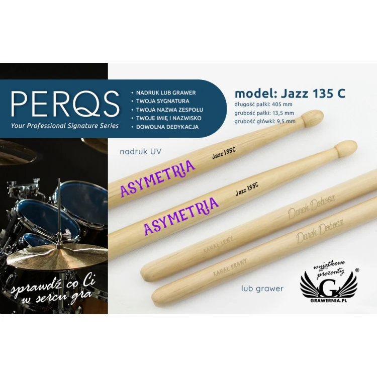 PERQS JAZZ 135C Drumsticks with Custom Print or Engraving - Gift for a Drummer