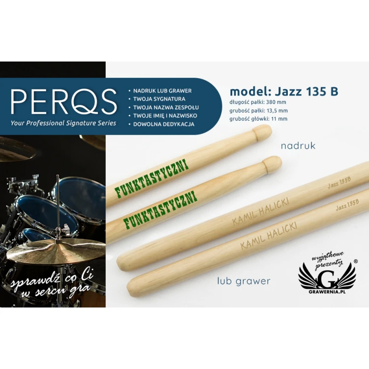 PERQS JAZZ 135B Drumsticks with Custom Print or Engraving - Gift for a Drummer