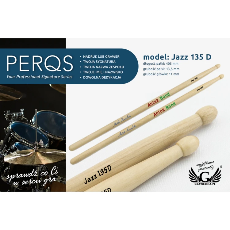 PERQS JAZZ 135D Drumsticks with Custom Print or Engraving - Gift for a Drummer