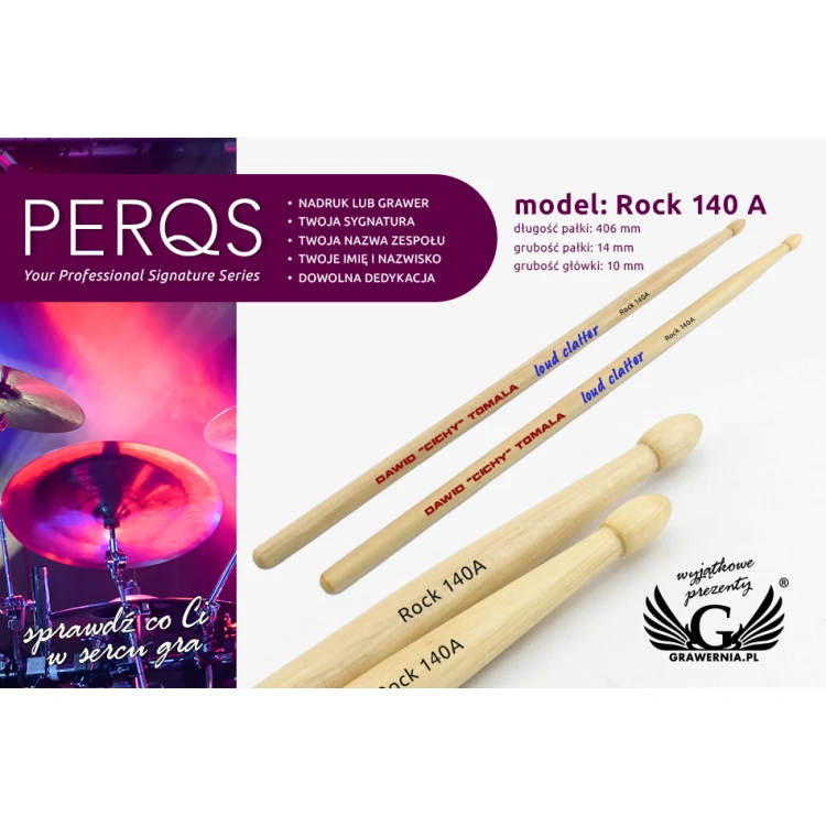 PERQS ROCK 140A Drumsticks with Custom Print or Engraving - Gift for a Drummer