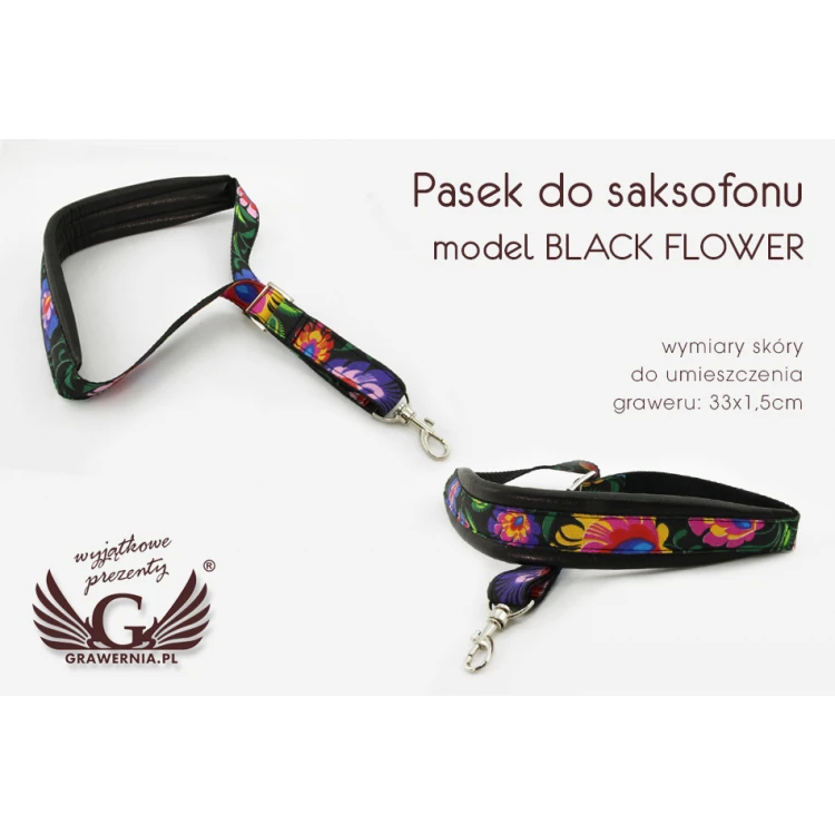 SAXOPHONE STRAP black - Black Flower model - Comfort version - PDS31