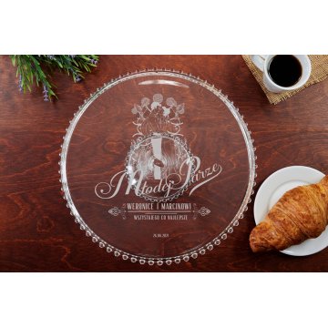 Glass cake stand with engraving - All the best - PAT019