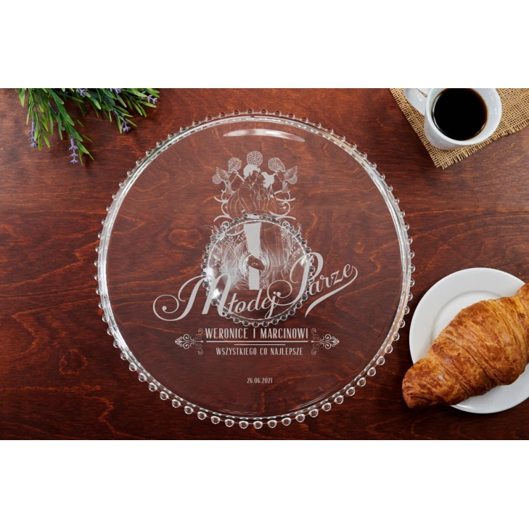 Glass cake stand with engraving - All the best - PAT019